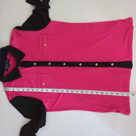 Jones NY Signature Tab Sleeve Button Down Blouse M Black Hot Pink - Picture 16 of 16